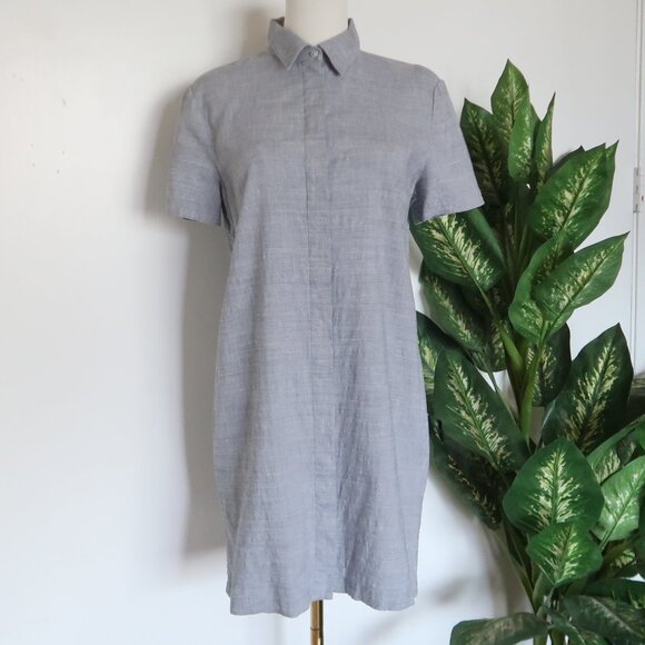 Theory Linen Gray Blue Button Down Short Sleeve Mini Shirt Dress Spring Summer S - Picture 2 of 13